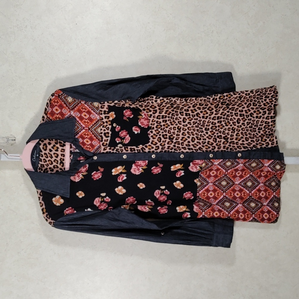 *B146 Calesas black & rust multi-print tunic blouse M CLEARANCE
